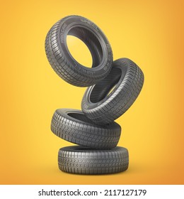 Stack Of Car Tires Without Brand On A Color Background. 3d Illustration