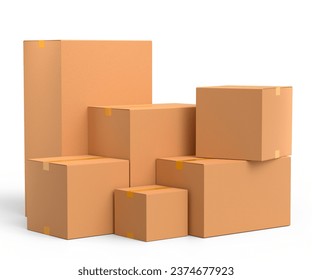 Stack of cardboard boxes or carton gift box isolated on white background. 3d render concept of express delivery to warehouse, carrying parcel and online shopping