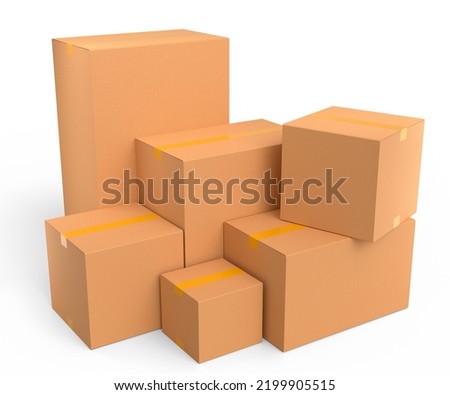 Stack of cardboard boxes or carton gift box isolated on white background. 3d render concept of express delivery to warehouse, carrying parcel and online shopping