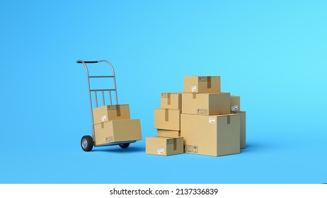 Stack Of Cardboard Boxes With Hand Truck. Relocation, Cargo Delivery, Logistics And Distribution. Warehouse. Minimal Composition. 3d Illustration. 3d Render.