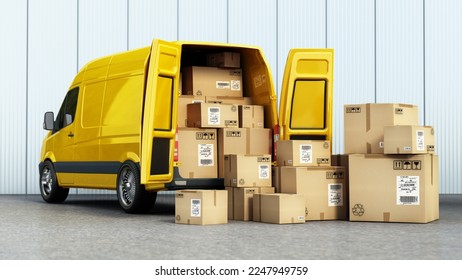 Stack of cardboard boxes standing near open cargo van rear door. Cargo distribution and transportation concept. 3D illustration.