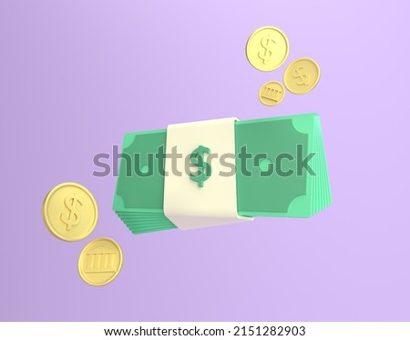 Stack cash and floating coins on a purple background. The concept of an economical, cashless society. 3d render illustration