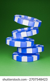 The stack of casino chips is twisting and potentially toppling over. 3D Illustration