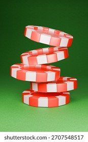The stack of casino chips is twisting and potentially toppling over. 3D Illustration