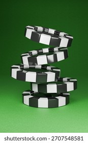 The stack of casino chips is twisting and potentially toppling over. 3D Illustration