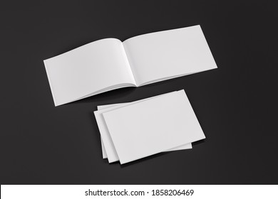 Stack Of Closed And Open Horizontal Or Landscape Magazine Or Brochure  Mockup On Black Background. 3d Illustration