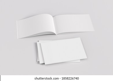 Stack Of Closed And Open Horizontal Or Landscape Magazine Or Brochure  Mockup On White Background. 3d Illustration