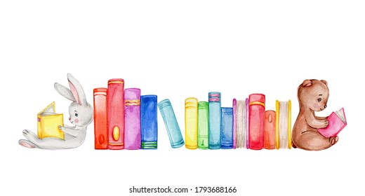 Stack of colored books and teddy bear and bunny read books; watercolor hand draw illustration; with white isolated background