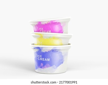 Stack Of Colored Ice Cream Cups. Realistic Set Of Blank Plastic Or Paper Buckets For Sundae In Different Flavors, Mockup Blank Containers For Packaging Design Isolated On White Background, 3d Render