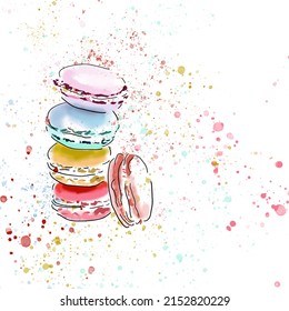 Stack of colorful macaron, macaroon almond cakes, sketch style  illustration isolated on white background. Stack, pile of colorful almond macaron, macaroon biscuits, sweet and beautiful dessert