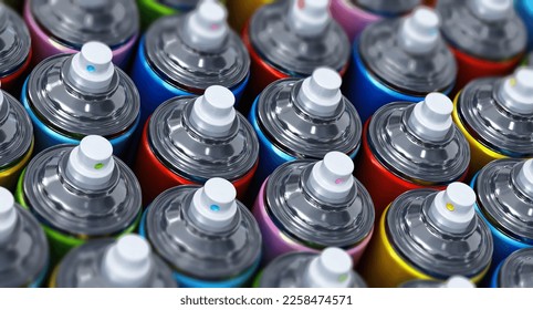 Stack of colorful paint spray bottles. 3D illustration.