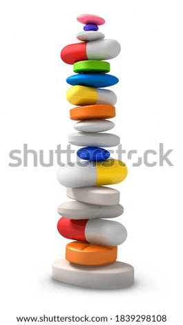 Stack of colorful pills, tablets and capsules on a white background - 3D illustration