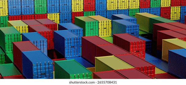 A stack of colorful shipping containers. The containers are stacked in a rainbow pattern. The containers are of different sizes and colors