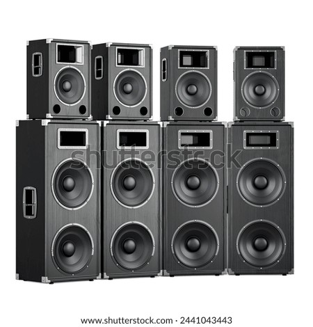Stack of concert loudspeakers, 3D rendering isolated on white background