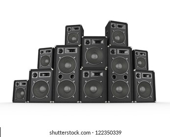 Stack Of Concert Speakers On White Background. Computer Generated Image.