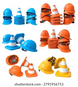 Stack of construction helmets and traffic cones isolated white background with clipping path, representing safety equipment.