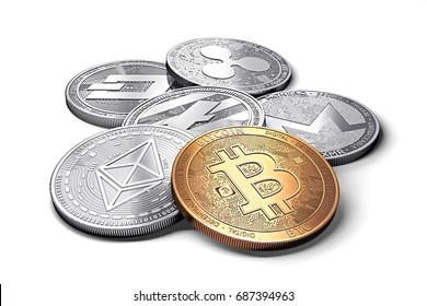 stack of cryptocurrencies: bitcoin, ethereum, litecoin, monero, dash, and ripple coin together, isolated on white, 3D rendering 