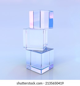 Stack Crystal Cubes Or Blocks With Refraction Light In Prism And Dispersion Effect, Glass Iridescent Composition Of Clear Square Boxes With Chromatic Gradient Texture On Blue Background, 3d Render