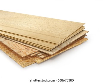 Stack of different boards. OSB, plywood and gypsum board. 3d illustration