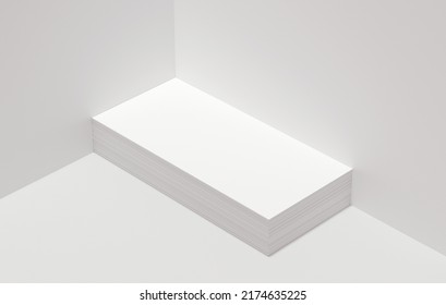 Stack Of DL Flyers Mockup Blank Paper For Design Presentation. White Empty Leaflet Template Isolated On A Neutral Background In 3D Illustration. Stationery Concept