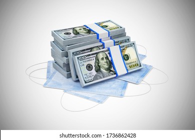 Stack Of Dollar Bills With Medical Mask On Gradient Background. Сoncept Of Making Money And Doing Business In The Context Of The Crisis Of A Coronavirus In The World. 3D Rendering