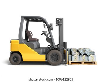 Stack of dollar money bills on wooden pallet with a forklift loader 3d render on a white background 