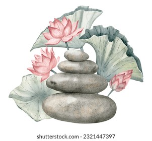Stack of flat Pebbles with pink Lotuses and leaves. Hand drawn watercolor illustration of balancing stones and water lily on white isolated background. Drawing of rocks for meditation and Zen design.