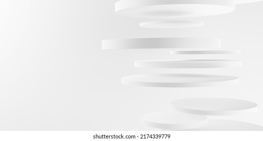 Stack Of Floating And Randomly Offset White Cylinder Circle Segments Over White Background, Minimal Modern Business Presentation Background Template With Copy Space, 3D Illustration