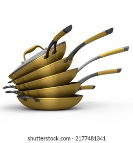 Stack of frying pan with glass lid on white background. 3d render of non-stick kitchen utensils