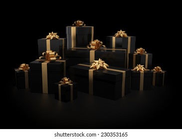 Stack Of Gift Boxes On Black Isolated With Clipping Path