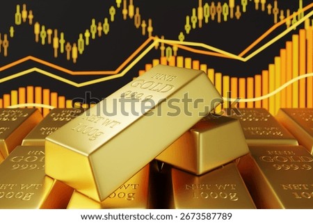 Stack of gold bars in front of an analytical bar chart, line graphs and a candlestick diagram. 3D illustration of the concept of forecasting gold price and trend