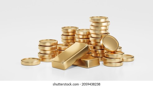 Stack Of Gold Coin Bar Currency Market Financial Or Investment Money Banking Treasure Wealth Cash And Golden Dollar Pile Isolated On White Economy Background With Business Earnings Profit. 3D Render.