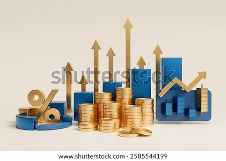Stack of Gold coins with blue graph and silver coins, arrows going up, Finance and business concept, 3d render