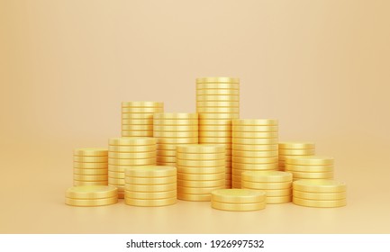 Stack golden coins yellow background and earning profit concept  Gold coins currency business  3D rendering 