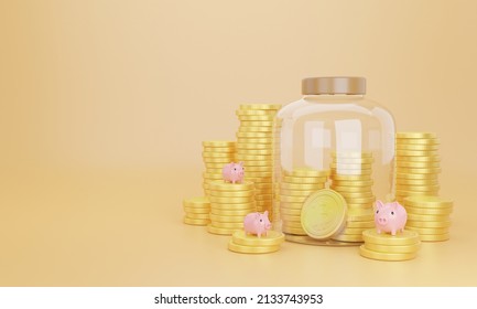 Stack Of Golden Coins With Piggy Bank, Jar On Yellow Background With Saving Money Concept. Gold Coins Or Currency Of Business. 3D Rendering.