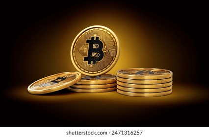 Stack Of Golden Cryptocurrency Bitcoin BTC Coins On Shiny Golden Glow Background 3d Illustration - Powered by Shutterstock