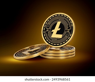 Stack Of Golden Cryptocurrency Litecoin LTC Coins On Shiny Golden Glow Background 3d Illustration