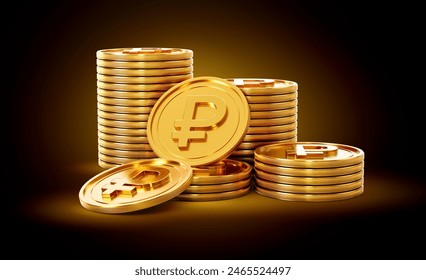 Stack Of Golden Shiny Russian Ruble Rounded Coins On Shiny Golden Glow Background 3d Illustration