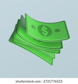 Stack of green dollar bills featuring a stylized dollar sign, rendered in a modern 3d cartoon style against a plain background