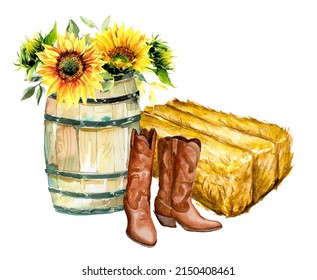 Stack of hay ,barrel with sunflowers and cowboy boots. Watercolor hand painted rodeo theme design. Countryside living at Texas themed illustration. Leather ranch boots.