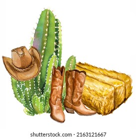 Stack of hay ,cactus, cowboy boots and cowboy hat. Watercolor hand painted rodeo theme design. Countryside living at Texas themed illustration. Leather ranch boots.