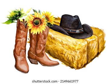 Stack of hay ,cowboy boots with sunflowers and cowboy hat. Watercolor hand painted rodeo theme design. Countryside living at Texas themed illustration. Leather ranch boots.