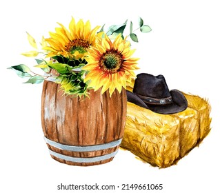 Stack of hay ,cowboy hat and barrel with sunflowers. Watercolor hand painted rodeo theme design. Countryside living at Texas themed illustration. Ranch concept clipart isolated on white.