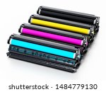 Stack of laser printer CMYK toners. 3D illustration.