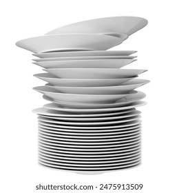 Stack of messy white clean dish isolated white background