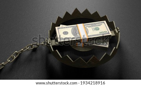 Stack of money dollars as bait inside the trap. Concept money lures you into a trap. A bear trap with a chain. 3d render.