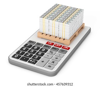 Stack Of Money over Calculator on a white background. 3d Rendering
