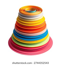 A stack of multicolored round paper sheets arranged in a cone shape on a white background.