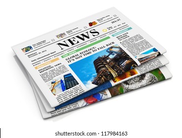 Stack Of Newspapers With Business News Isolated On White Background With Reflection Effect