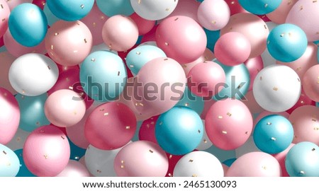 Stack of oink and blue round balloons with confetti mockup, 3d rendering. Empty colored matte inflatable balloons stack mock up. Clear decorative circle latex balls heap for logo. 3D Illustration